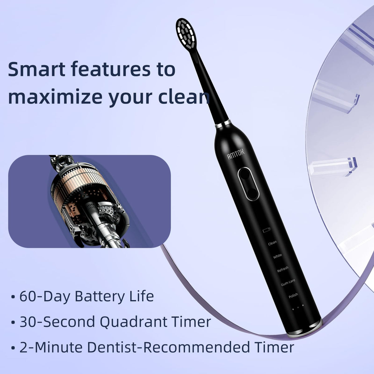 CWX Sonic Rechargeable Electric Toothbrush, Cordless with Fast Wireless Charging, 5 Cleaning Modes & 3 Intensity, 60-Day