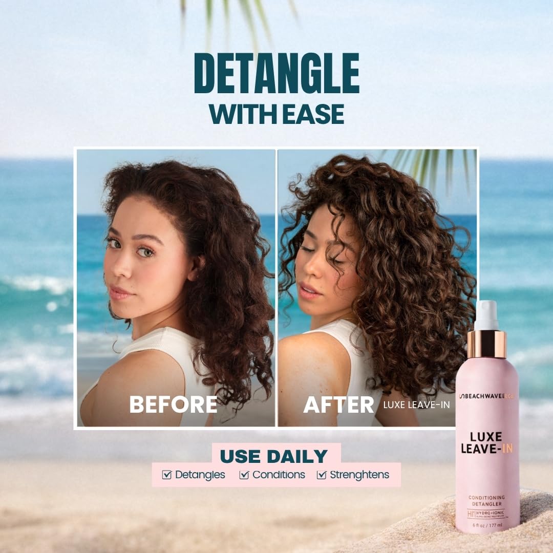 Beachwaver Luxe Leave-In Conditioning Detangler in 6 fl oz bottle, smooths and nourishes hair with natural shine.