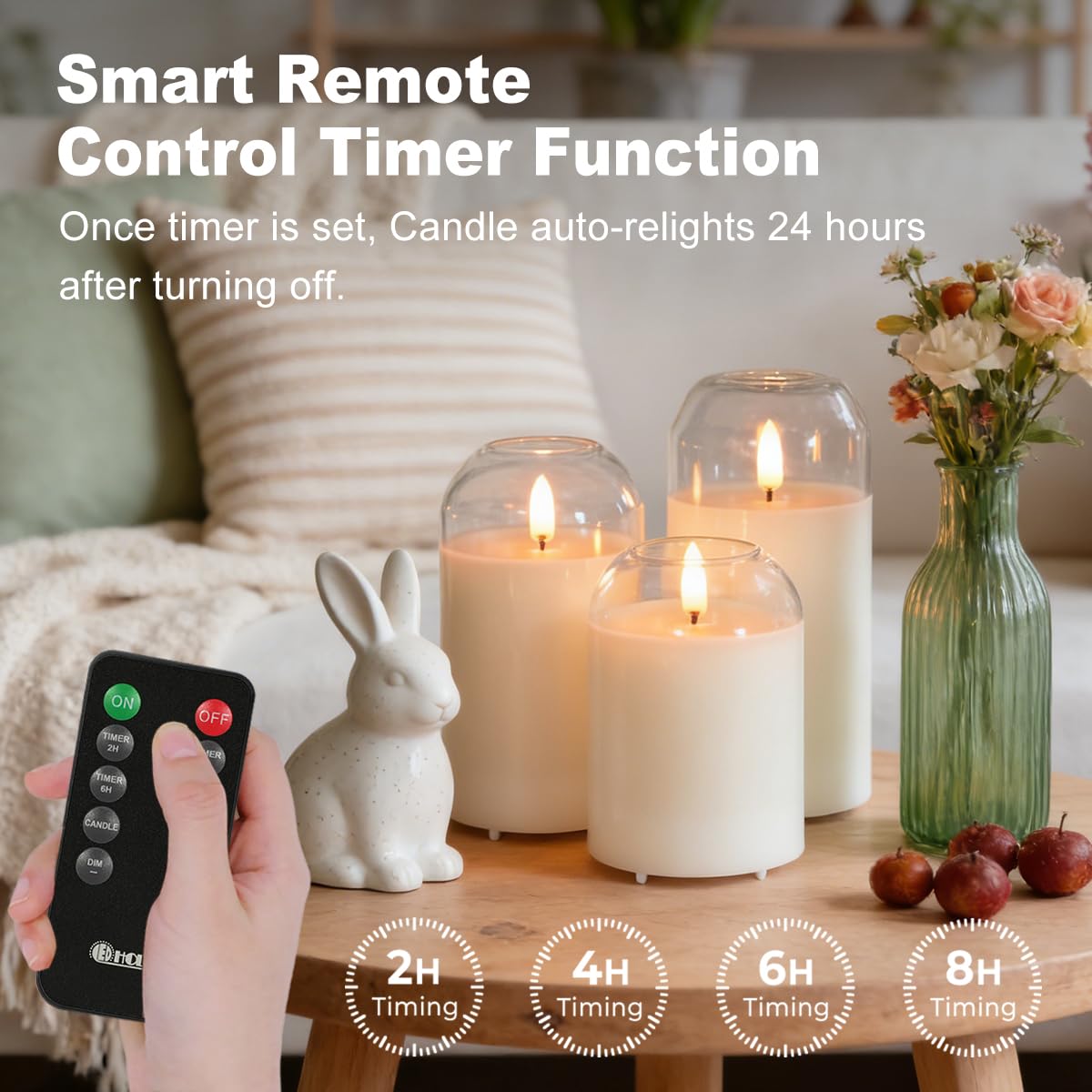 LEDHOLYT Rechargeable Glass Jar Flameless Candles, Realistic Flickering LED Pillar Real Wax Candle with Remote Control a