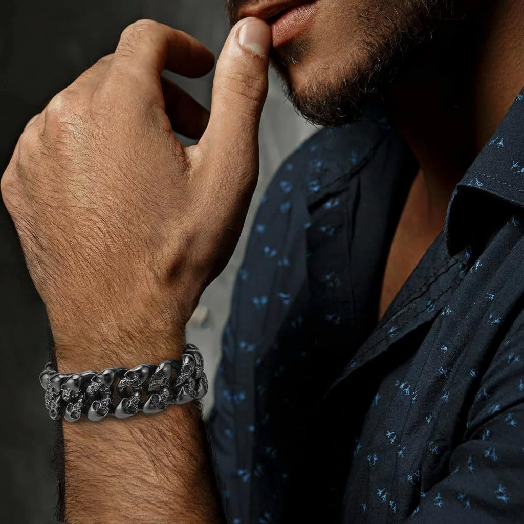 COOLSTEELANDBEYOND Mens Steel Vintage Twisted Braided Link Chain Bracelet with Skulls, Spring Clasp, Gothic Biker – A-Me