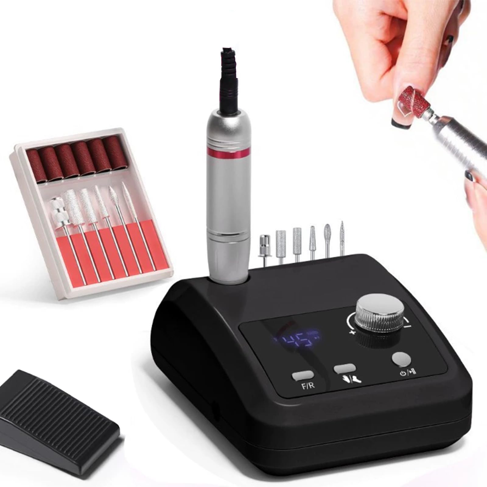 Generic multifunctional desktop nail drill with foot pedal, 45000RPM E-file with bit for professional nail care.