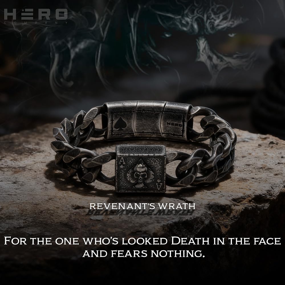 Hero Company Cuban Link Bracelet for Men - ‘Revenant’s Wrath Ace of Spades’ Men’s Stainless Steel Bracelet - Helps Pair 
