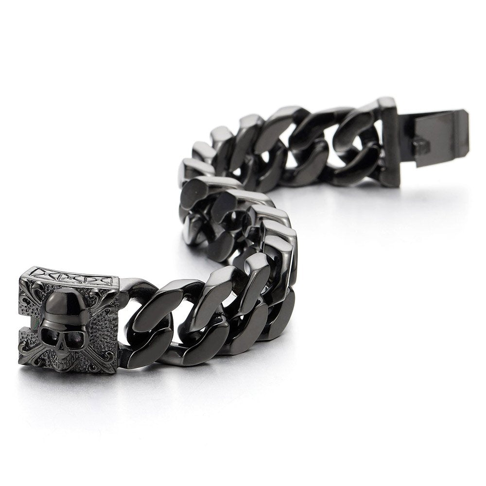 COOLSTEELANDBEYOND Mens Large Vintage Brushed Finishing Steel Curb Chain Bracelet with Fleur De Lis and Skull – full vie