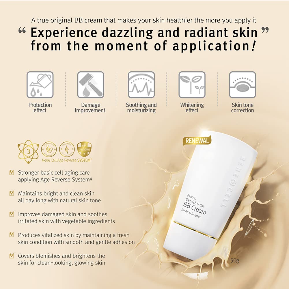 RENECELL [Rene Cell Placen Blemish Balm BB Cream, Glossy Face Makeup (50g / 1.8oz) – close-up detail in Universal