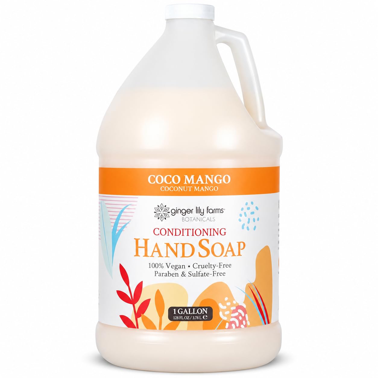Ginger Lily Farms 1-gallon coconut mango scented all-purpose hand soap in a clear refill bottle with a pump dispenser.
