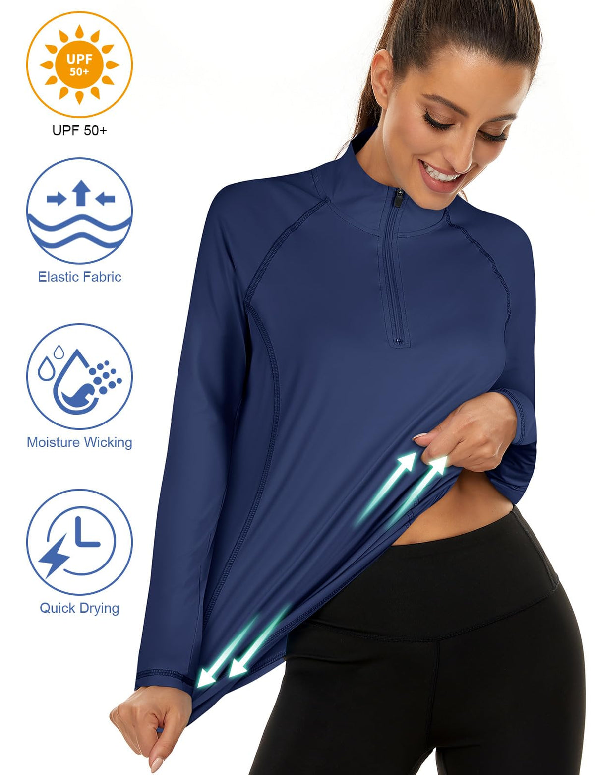 LURANEE Womens UPF 50+ Long Sleeve 1/4 Zip Pullover Athletic Hiking Running Workout Tops – full view, size Bust (in) Sle
