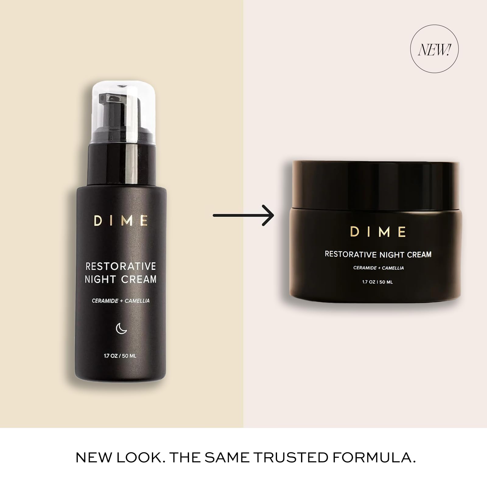DIME Beauty Restorative Night Cream with ceramides in a 1.7oz jar, featuring a smooth, creamy moisturizer for skin repair overnight.