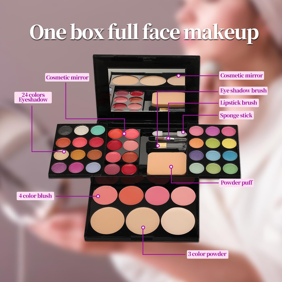 Badhare Beauty Full Face Palette Makeup Kit 24 Color Eyeshadow Palette, 8 Lip Gloss, 4 Blush, 3 Dual Powder, with Brushe