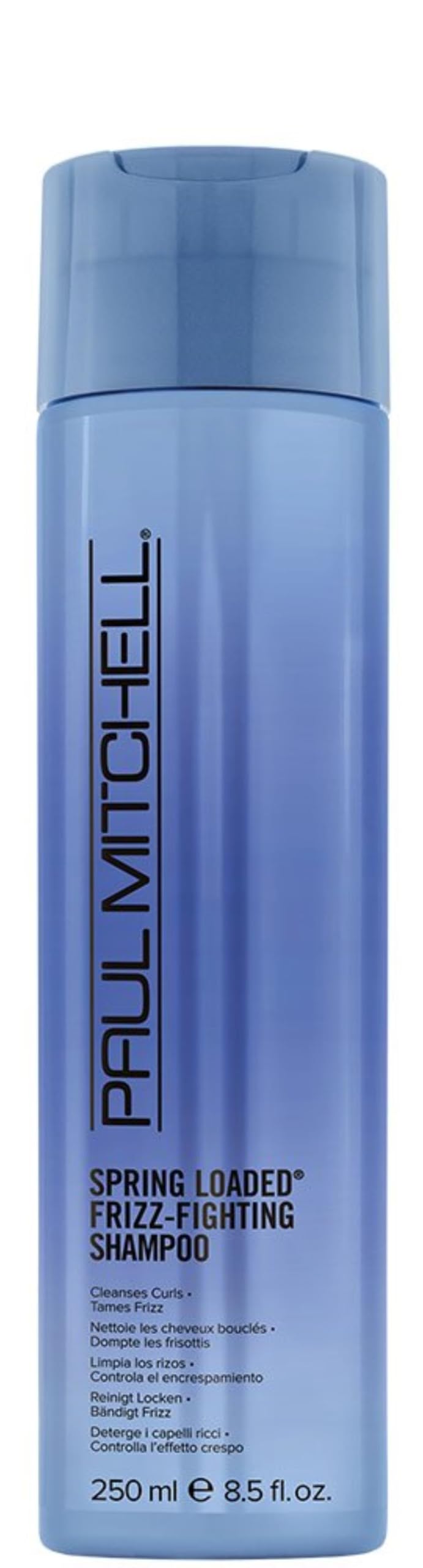 Paul Mitchell Spring Loaded Frizz-Fighting Shampoo 8.5 oz bottle with shampoo lather and product label visible
