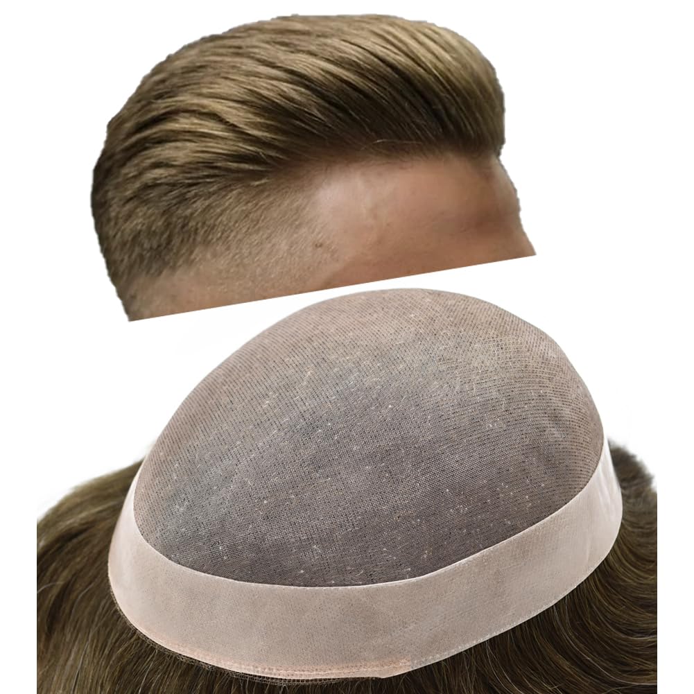 Curve Hair men's toupee with human hair, light-medium brown with gray, 7x9 inch monofilament wig for replacement system.