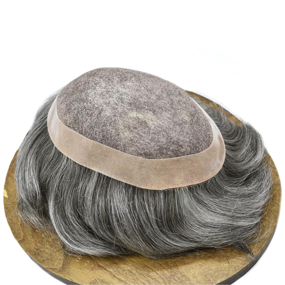 Curve Hair Mens Toupee Human Hair Piece Replacement System Monofilament Wig Hair Unit for Men Durable Poly Coated Mens Hairpiece (#1B90 Off Black+90% Gray, 6"X8")