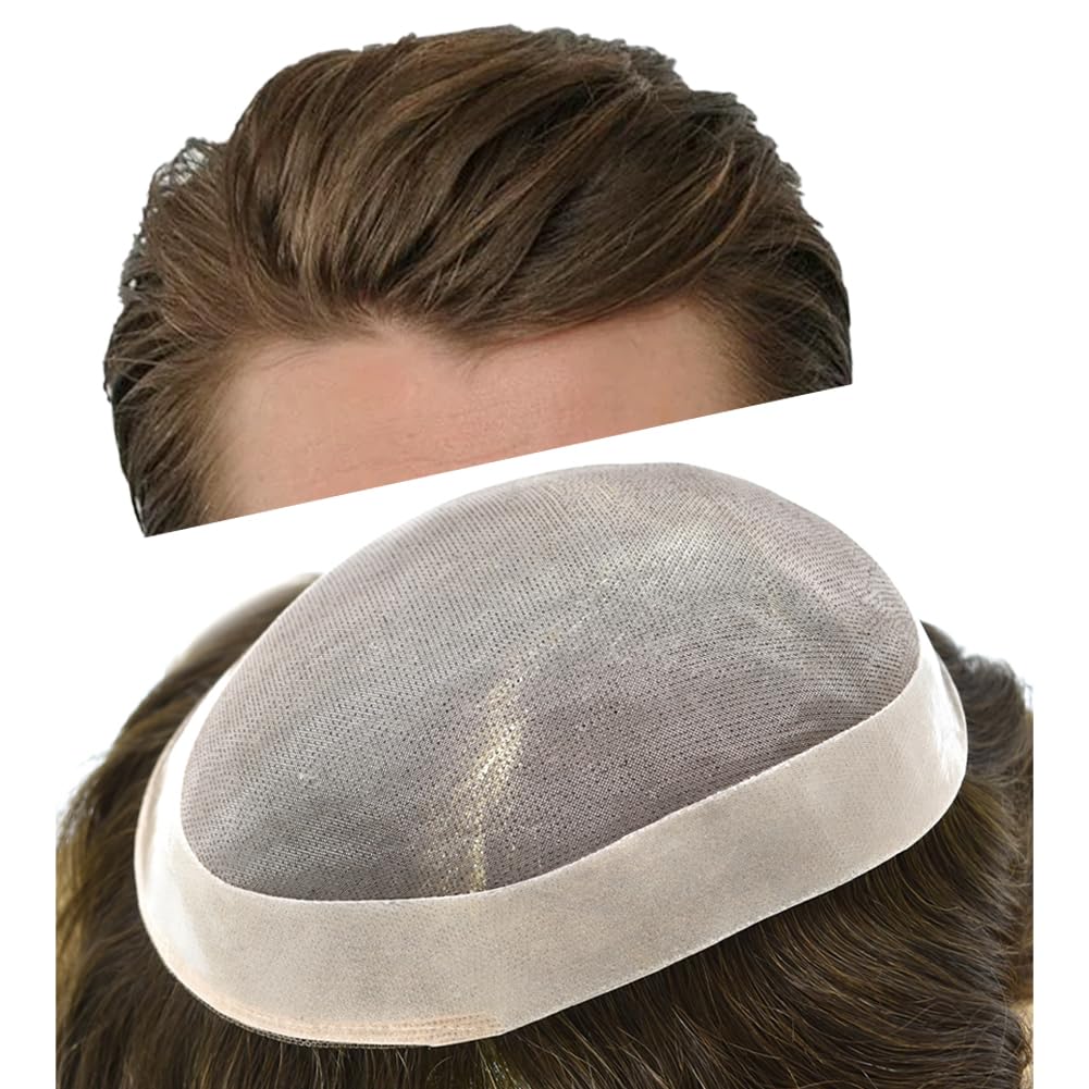 Curve Hair men's toupee with human hair, light brown, 8x10 inch monofilament wig replacement system for men.