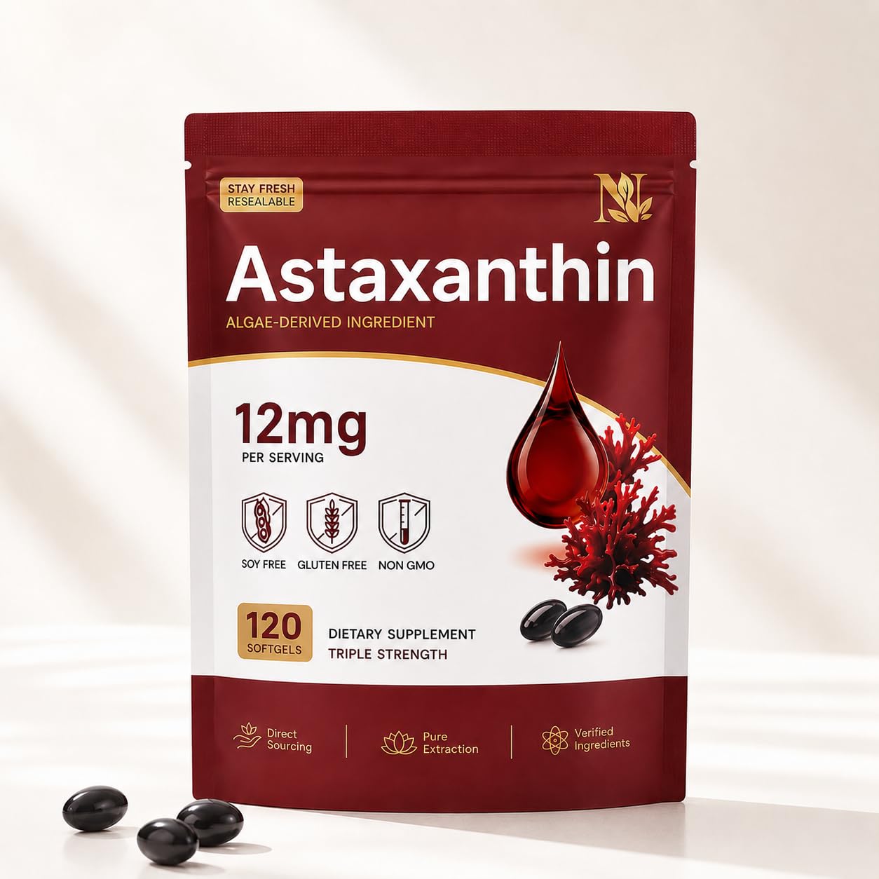 Astaxanthin 12mg Supplement 120 Softgels, Premium Natural - Product Imagery
