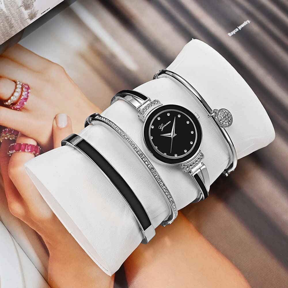 Avaner Bangle Watch and Bracelet Set, 4 Pcs Wrist Watch Bracelet Set Elegante Watch for Women – Black