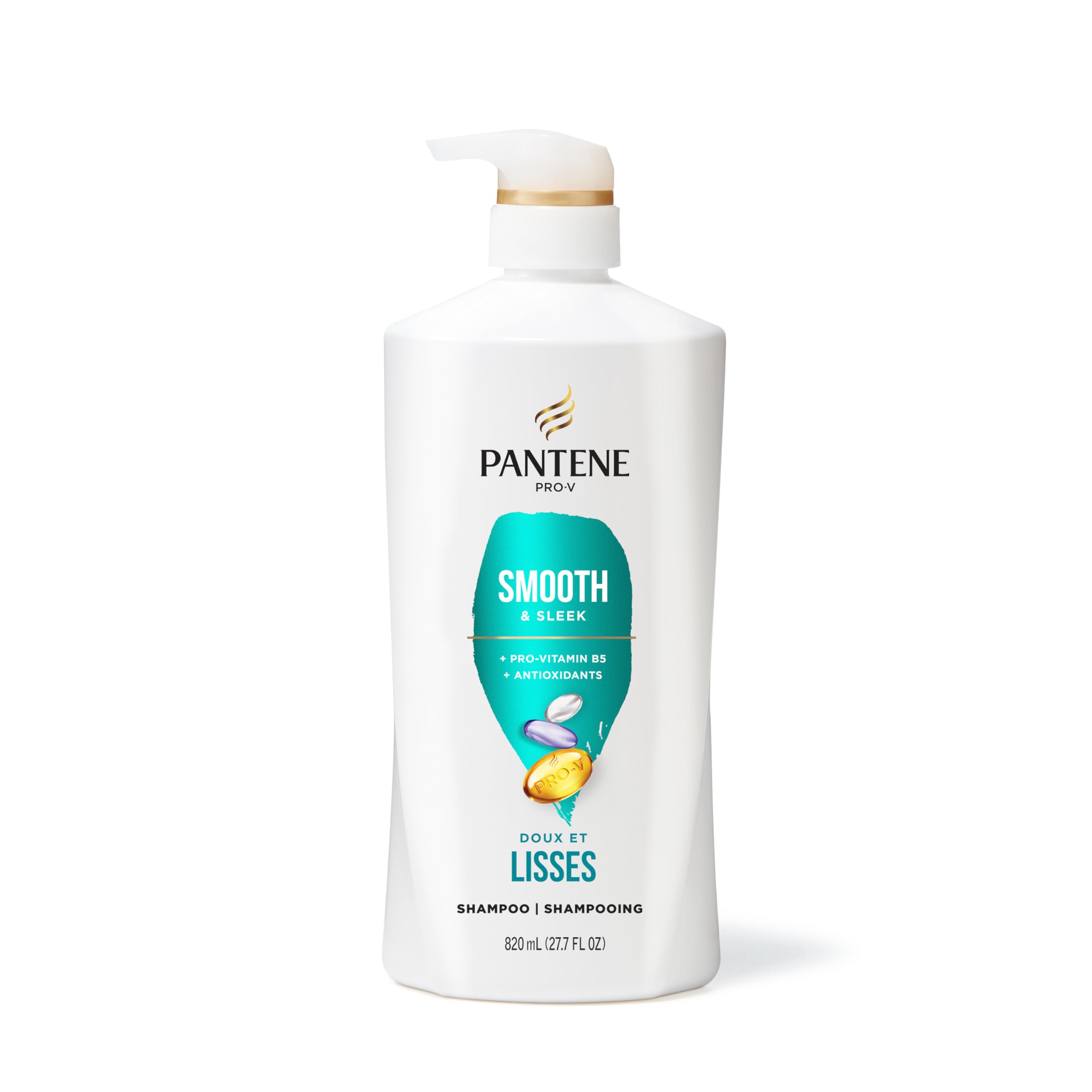 Pantene Smooth & Sleek shampoo and conditioner set in 52.8 oz bottles, featuring glossy hair on a salon table.
