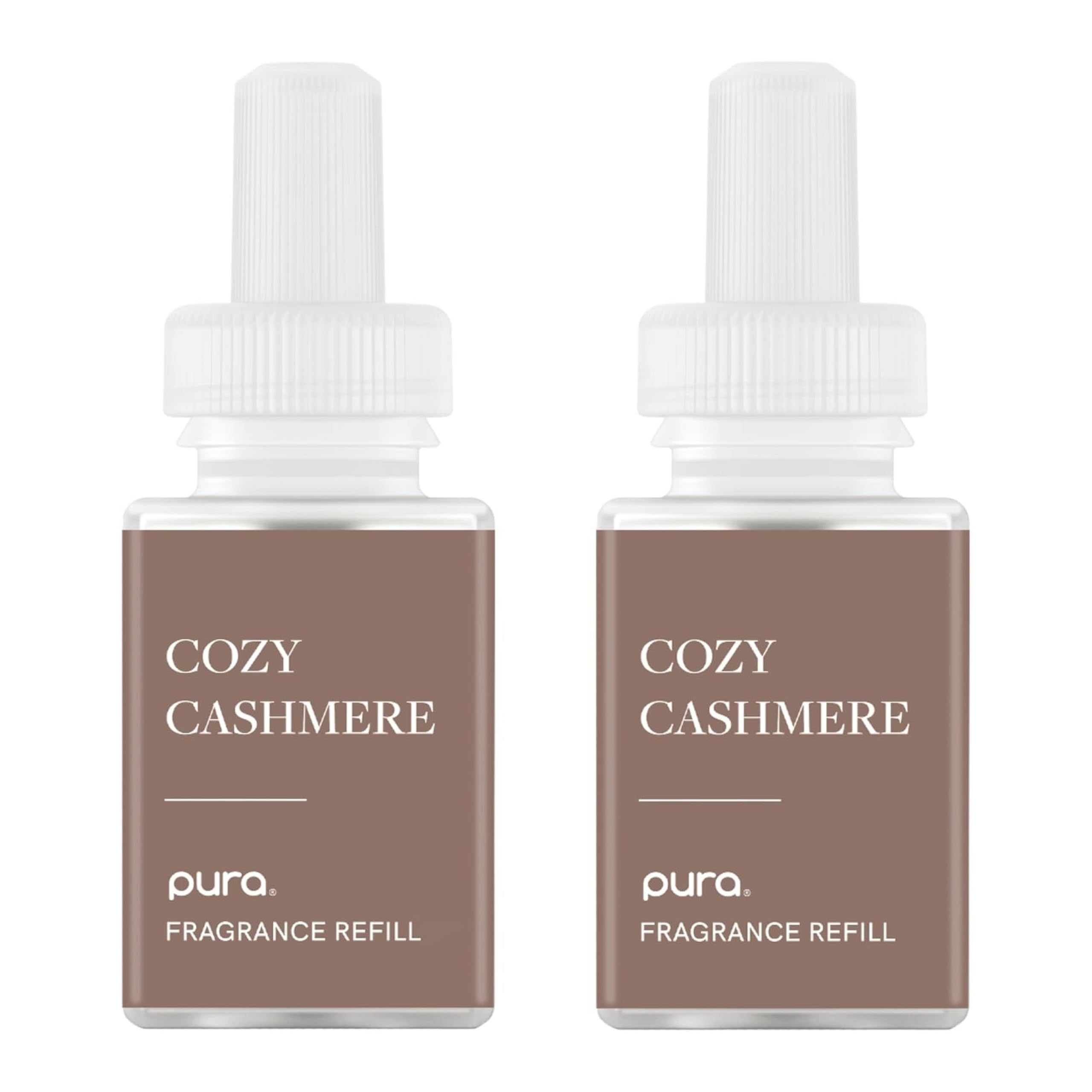 Pura Smart Scent Refill Cozy Cashmere aroma diffuser 2-pack with scented oil bottles and refill caps.