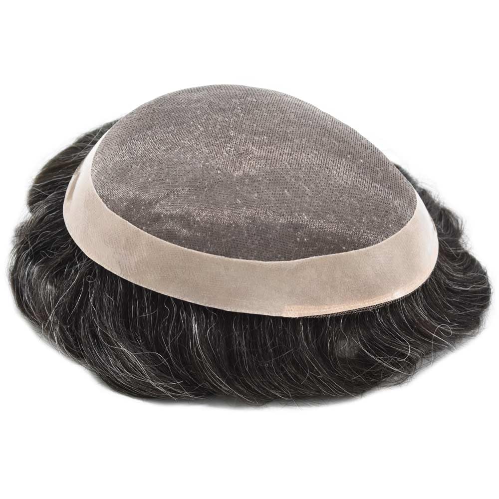 Curve Hair Mens Toupee Human Hair Piece Replacement System Monofilament Wig Hair Unit for Men Durable Poly Coated Mens Hairpiece (#1B30 Off Black+30% Gray, 7"X10")