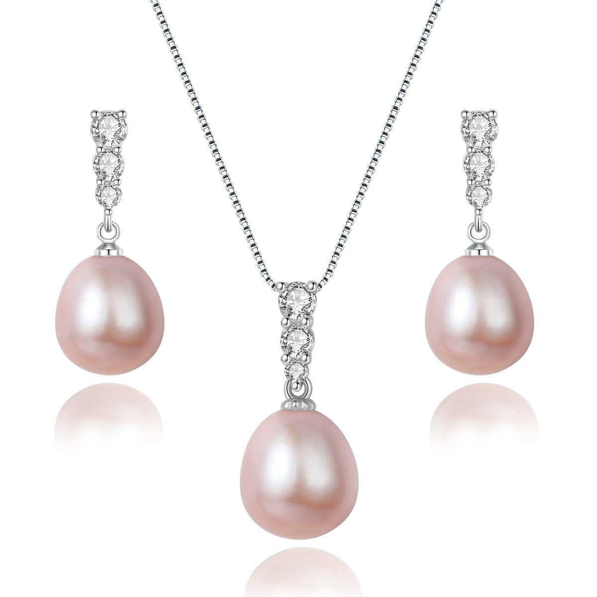 BAMIKI 9-10mm Cultured Pearl Necklace and Earrings 925 Sterling Silver – Pink-purple, Pearl