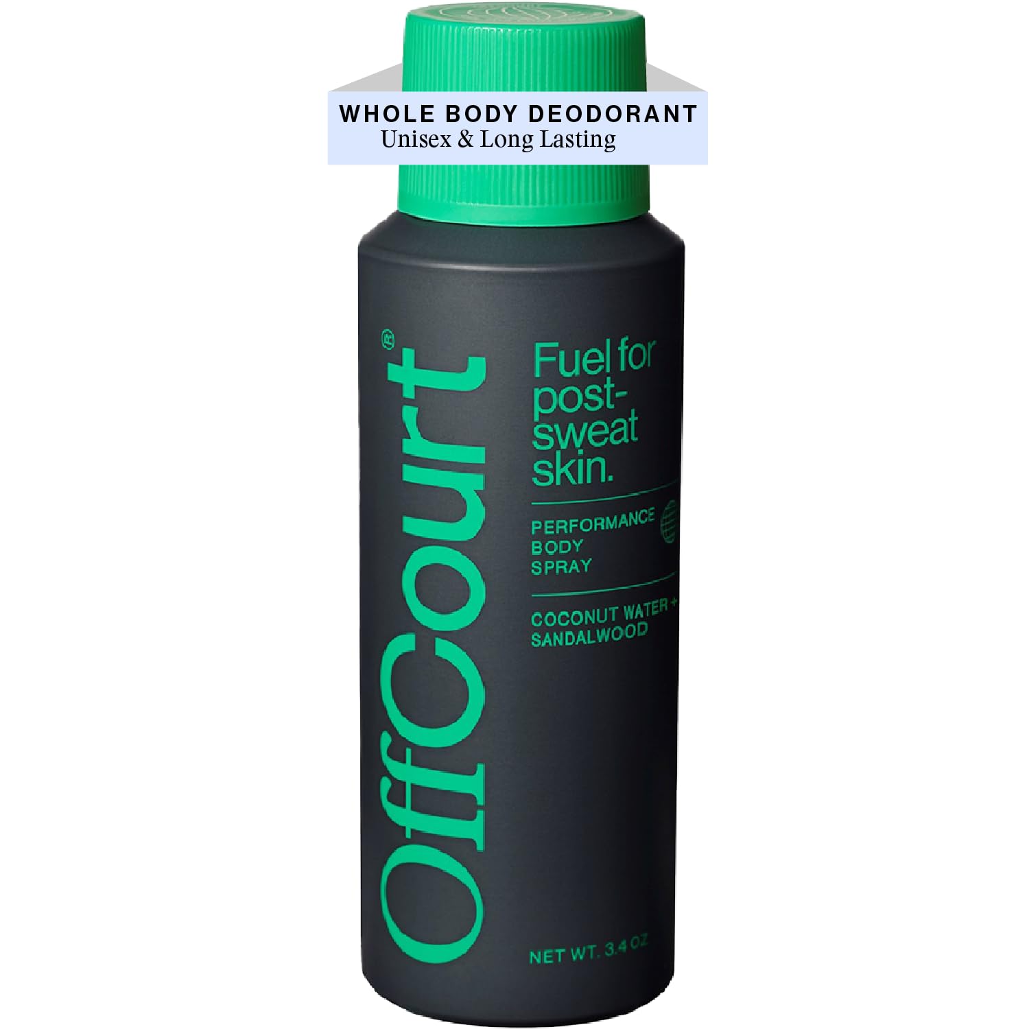 OffCourt Coconut Water and Sandalwood body spray deodorant in 3.4 oz bottle, fresh and tropical scent for daily use