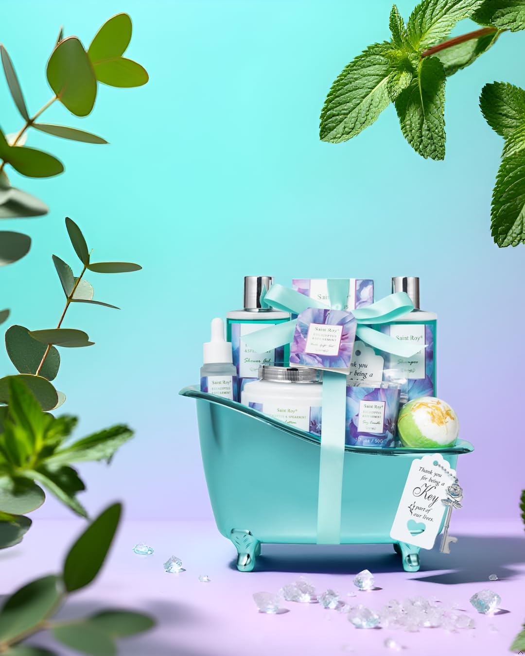 Saint Roy Bath and Body Basket Set, EUCALYPTUS & Mint Spa Gift Basket for Women – close-up detail