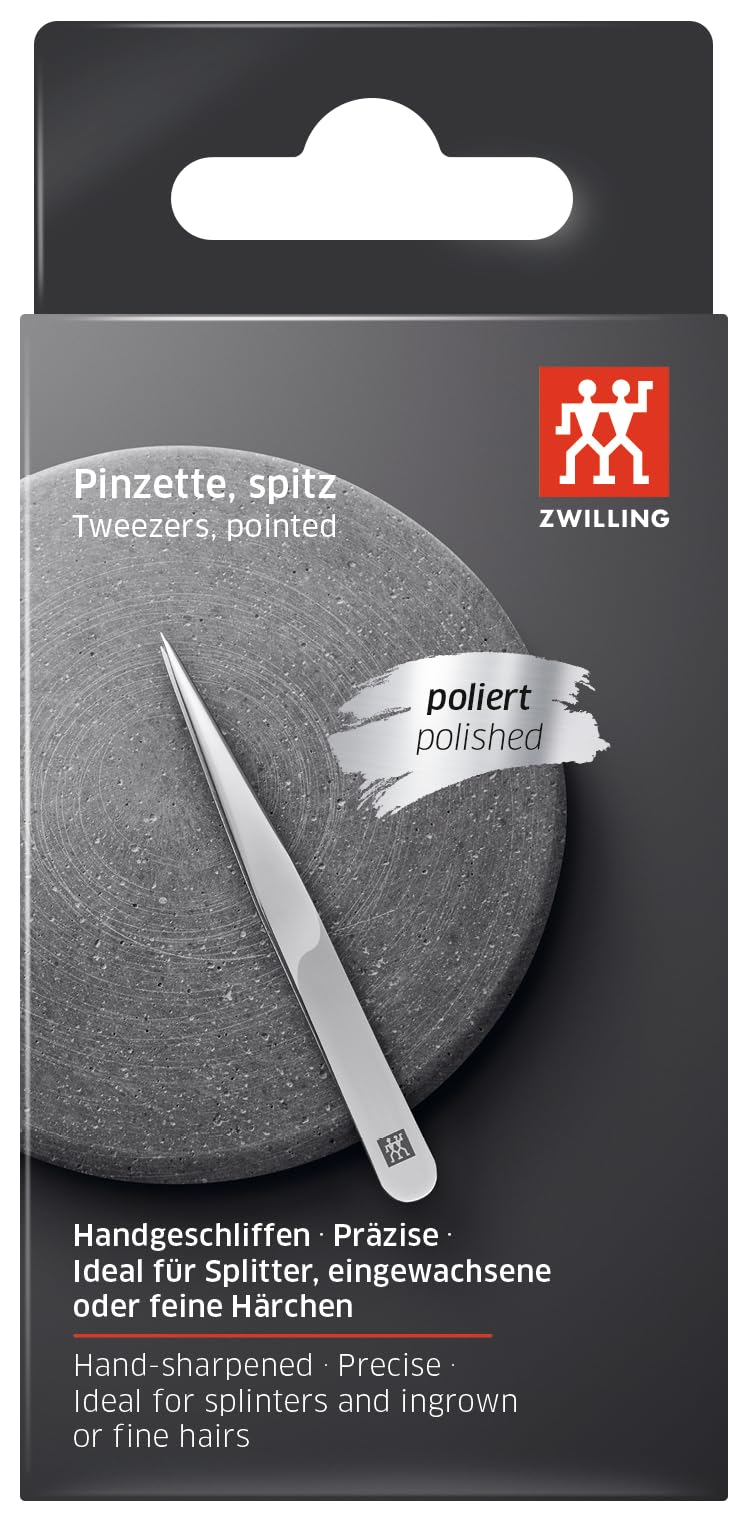 ZWILLING Pointed Tweezer (removal of splinters, ingrown or fine hair, hand-finished, roughened tips), Polished, Silver, 
