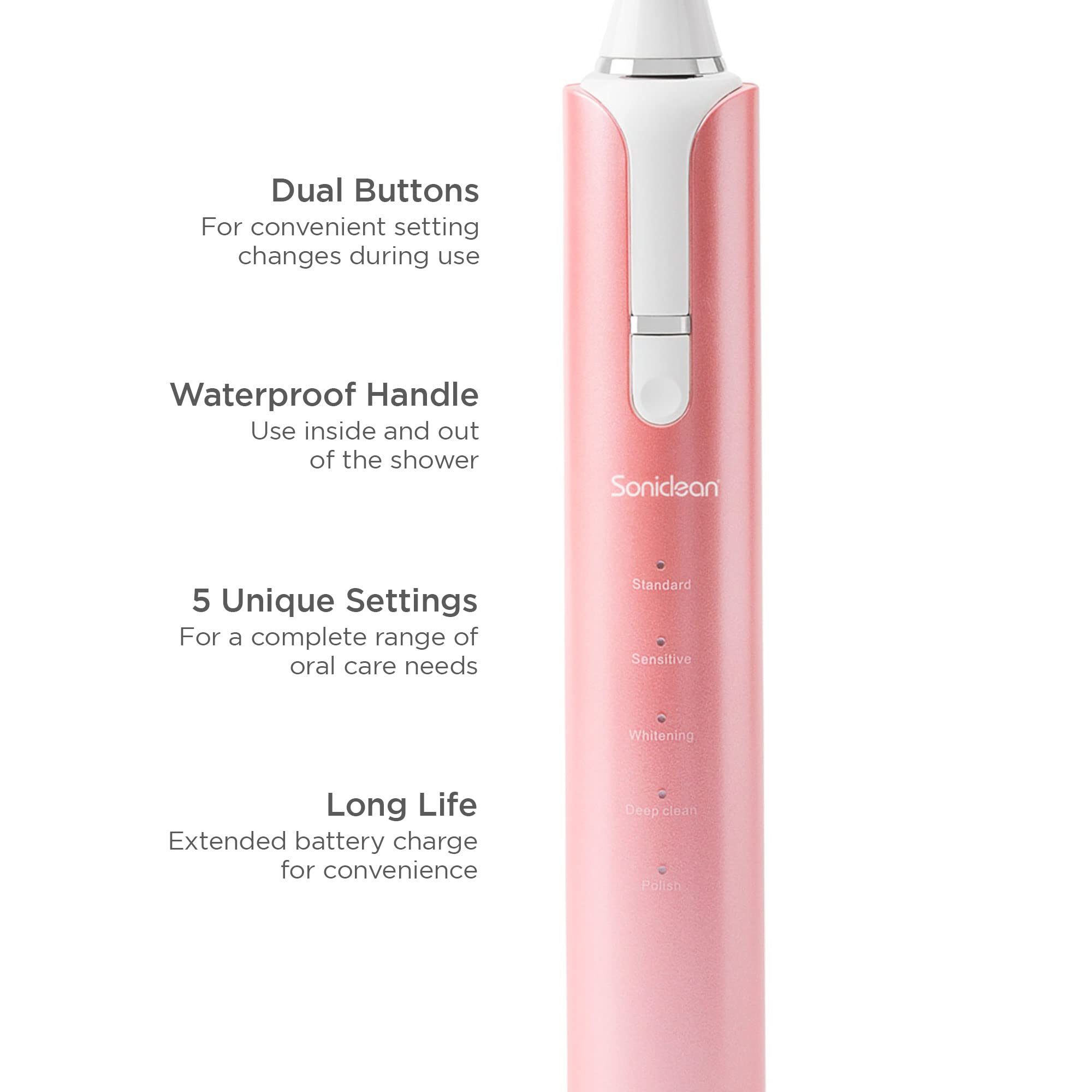 Soniclean Lux Sonic Toothbrush for adults in rose gold with 6 replacement heads, rechargeable and automatic for effective oral cleaning.
