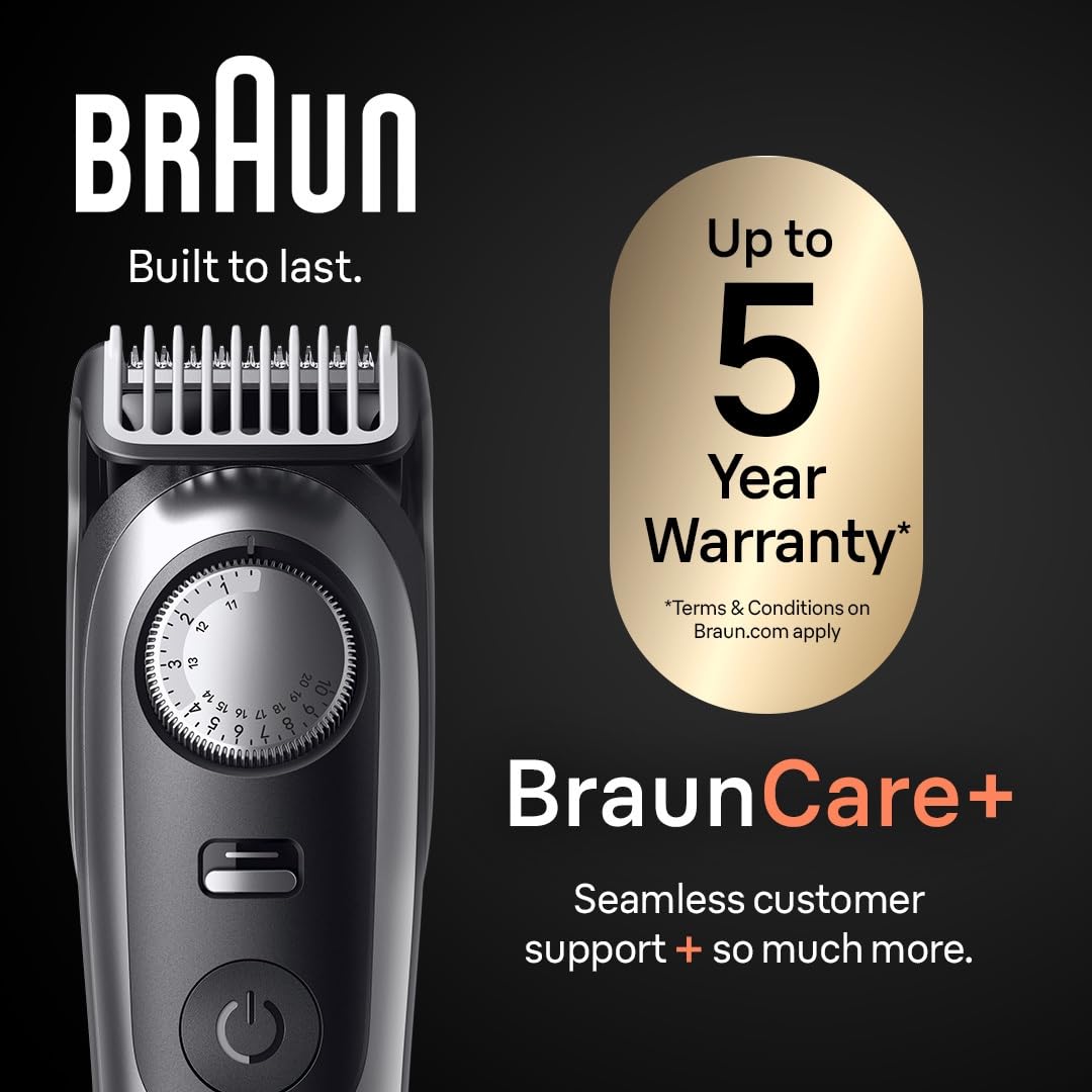 Braun All-in-One Series 9 men's electric hair trimmer, shaver, and razor with Gillette Labs razor attachment, cordless, in use.