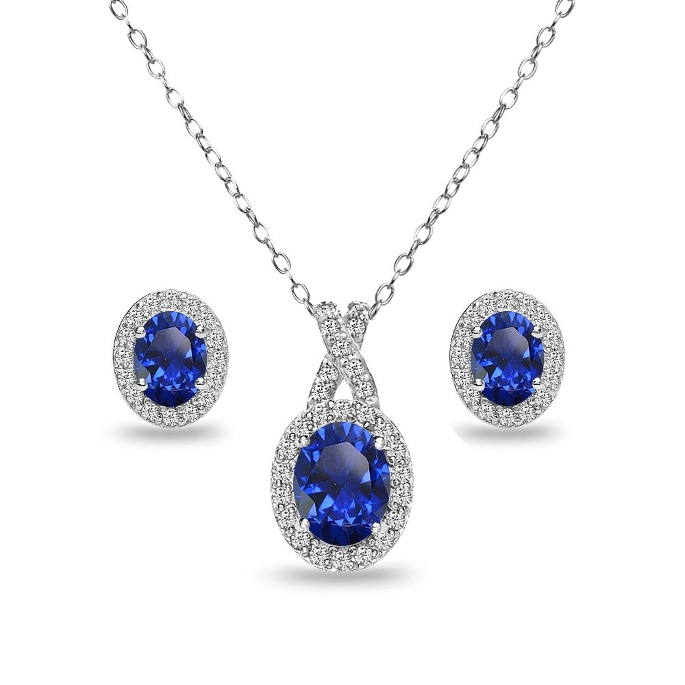 B. BRILLIANT Sterling Silver Genuine, Created or Simulated Gemstone Oval Halo X Necklace & Earrings Jewelry Set for Wome
