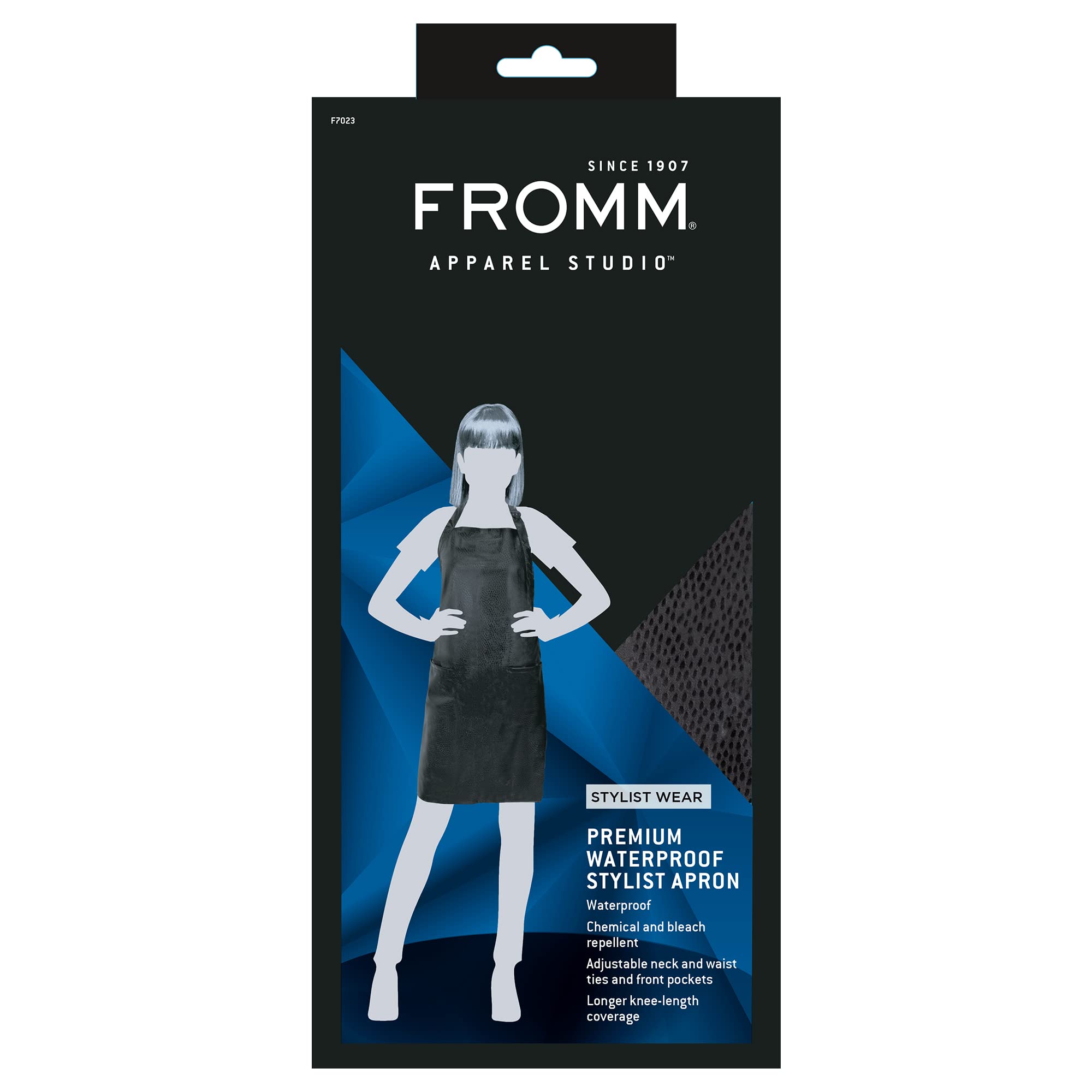Fromm Apparel Studio black embroidered hair stylist apron with waterproof, chemical-resistant fabric and adjustable knee-length fit.