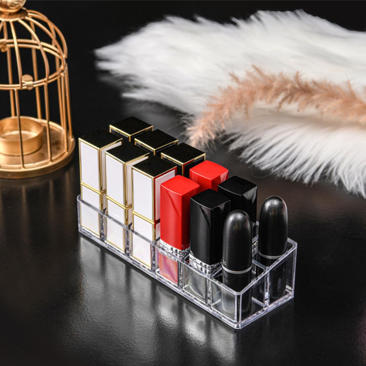 Sewroro 2-piece lipstick organizer and lip gloss holder with 12 slots, double-layer design, thickened cosmetic storage caddy on vanity.