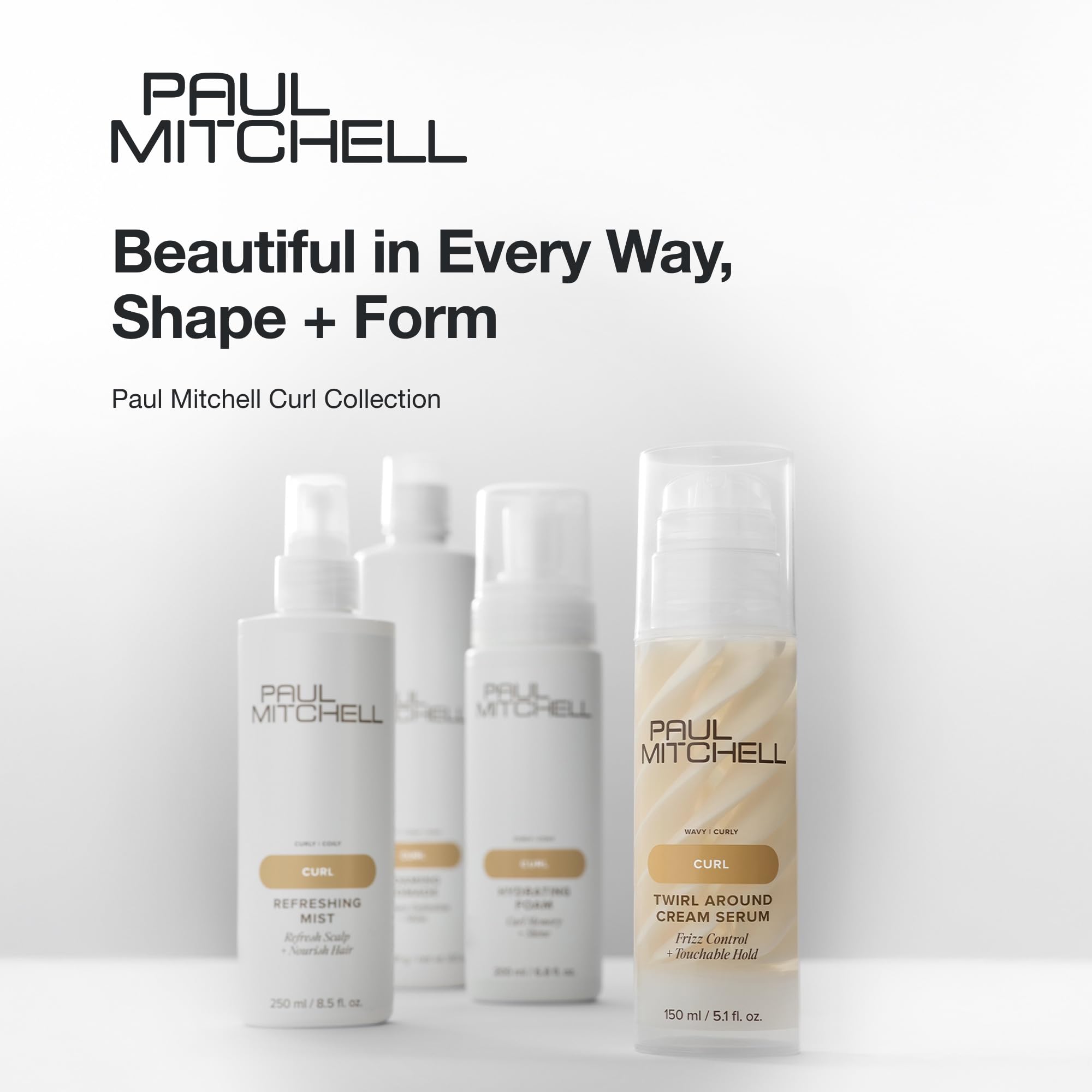 Paul Mitchell Twirl Around Cream Serum for curly and wavy hair, showing the product bottle with textured hair in the background.