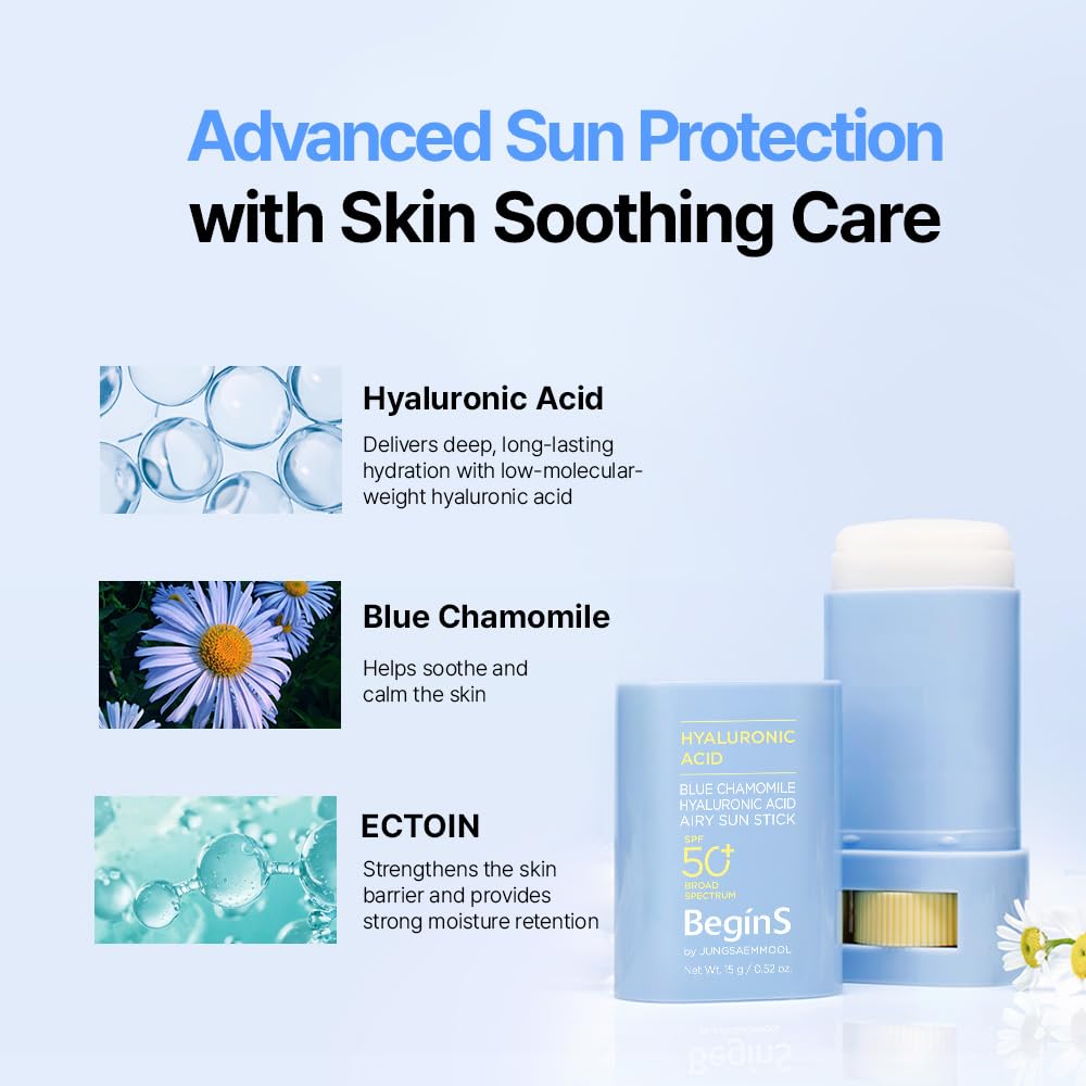 BeginS by JUNGSAEMMOOL BeginS Hyaluronic Acid Airy Sun Stick | SPF 50+, Lightweight Sunscreen – packaging and label