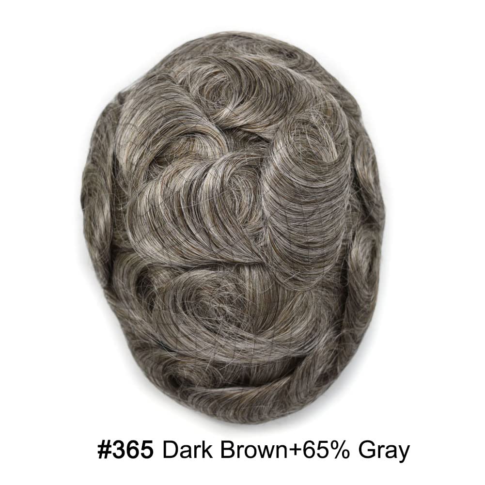 Curve Hair Mens Toupee Human Hair Piece Replacement System Monofilament Wig Hair Unit for Men Durable Poly Coated Mens Hairpiece (#365 Dark Brown+65% Gray, 8"X10")