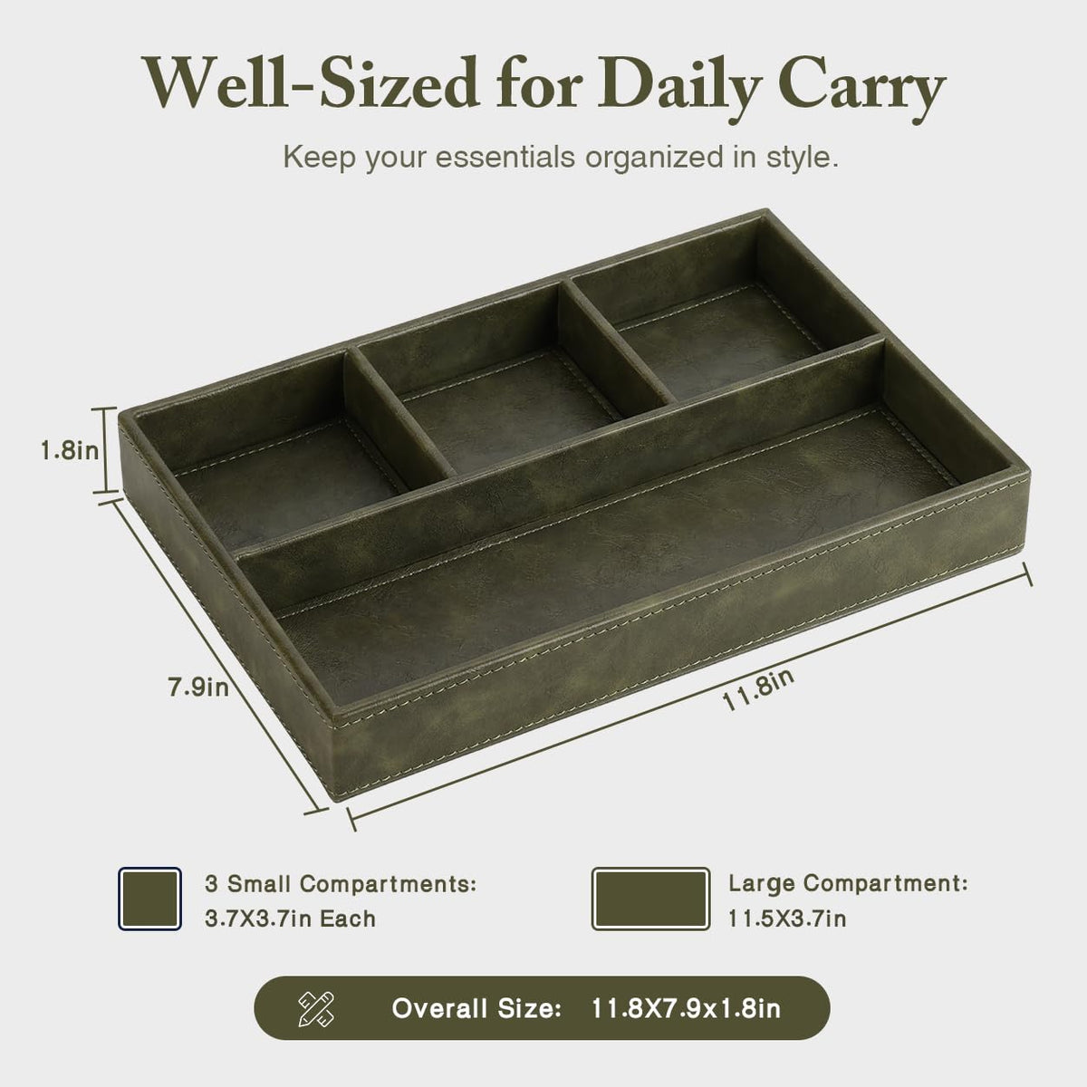 GORESE Valet Tray for Men, Leather Tray EDC Desk Organizer, Olive Green – close-up detail in Olive Green