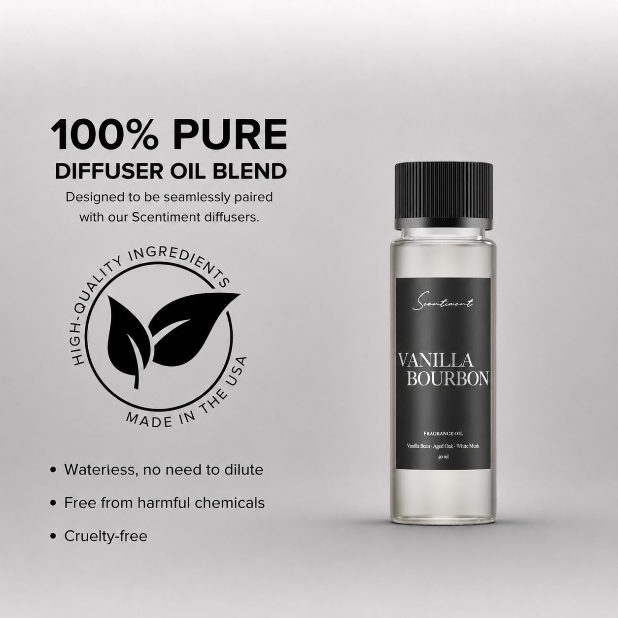 Scentiment Vanilla Bourbon hotel diffuser essential oil in a 20ml bottle with a natural aroma and elegant packaging.