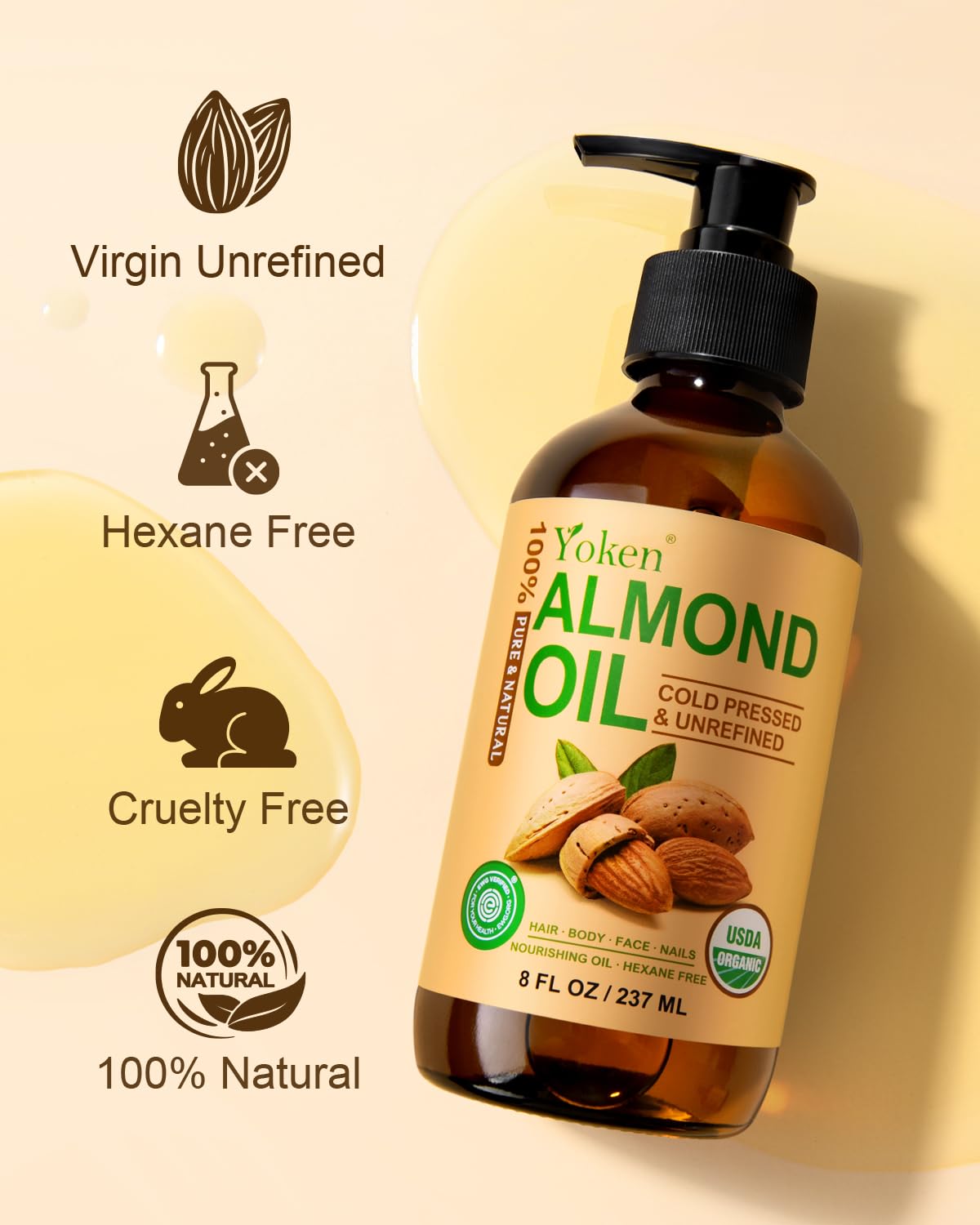 Yoken Organic Almond Oil 8 oz Glass Bottle, Cold Pressed for Skin & Hair