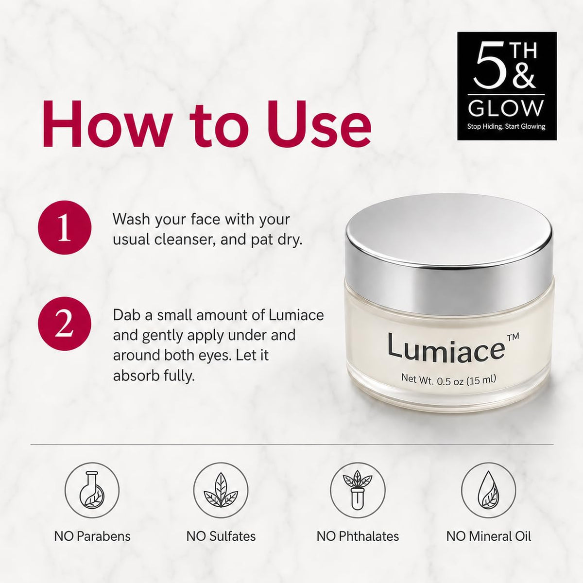 5th & Glow Lumiace - Eye Wrinkle Cream for Women - Peptides for Crows Feet and Bags – packaging and label