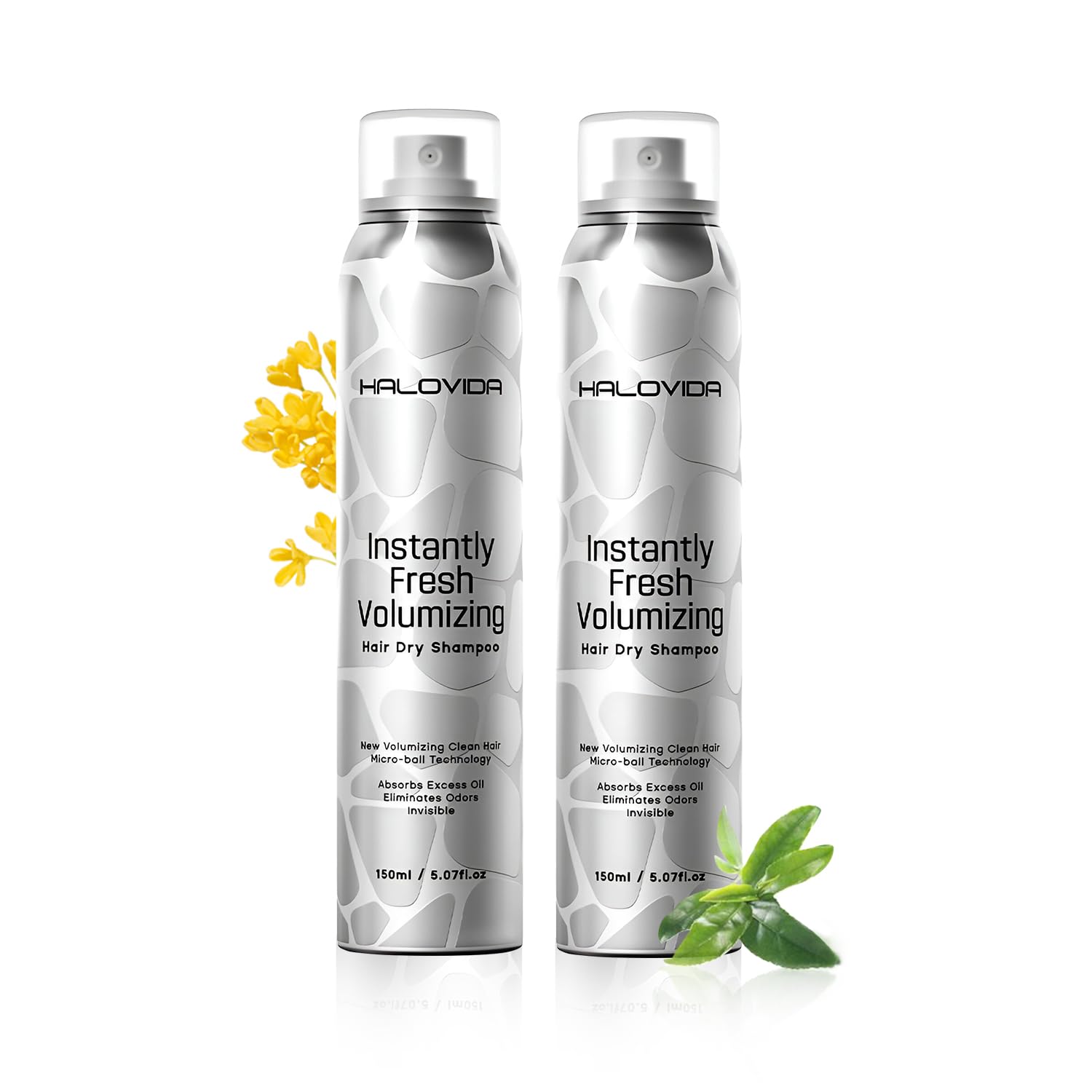 HALOVIDA invisible dry shampoo 2-pack with instant oil control and volumizing effect, shown in the image.