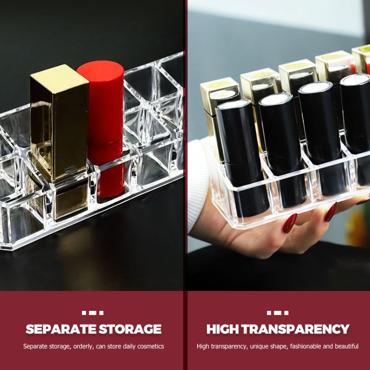 Sewroro 2-piece lipstick organizer and lip gloss holder with 12 slots, double-layer cosmetic storage caddy for vanity and makeup.