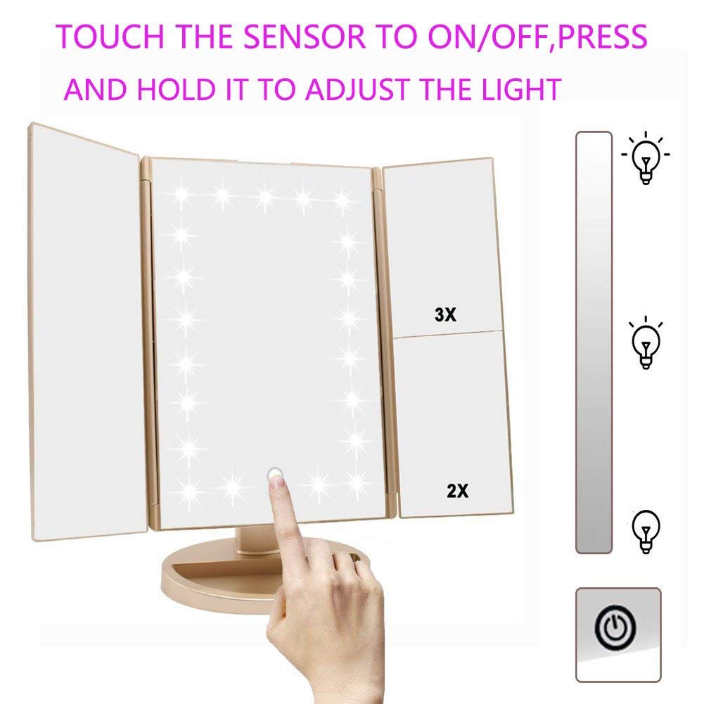 deweisn Floor Mount Tri-Fold Lighted Vanity Mirror with 21 LED Lights, Touch Screen and 3X/2X/1X Magnification, Two Powe