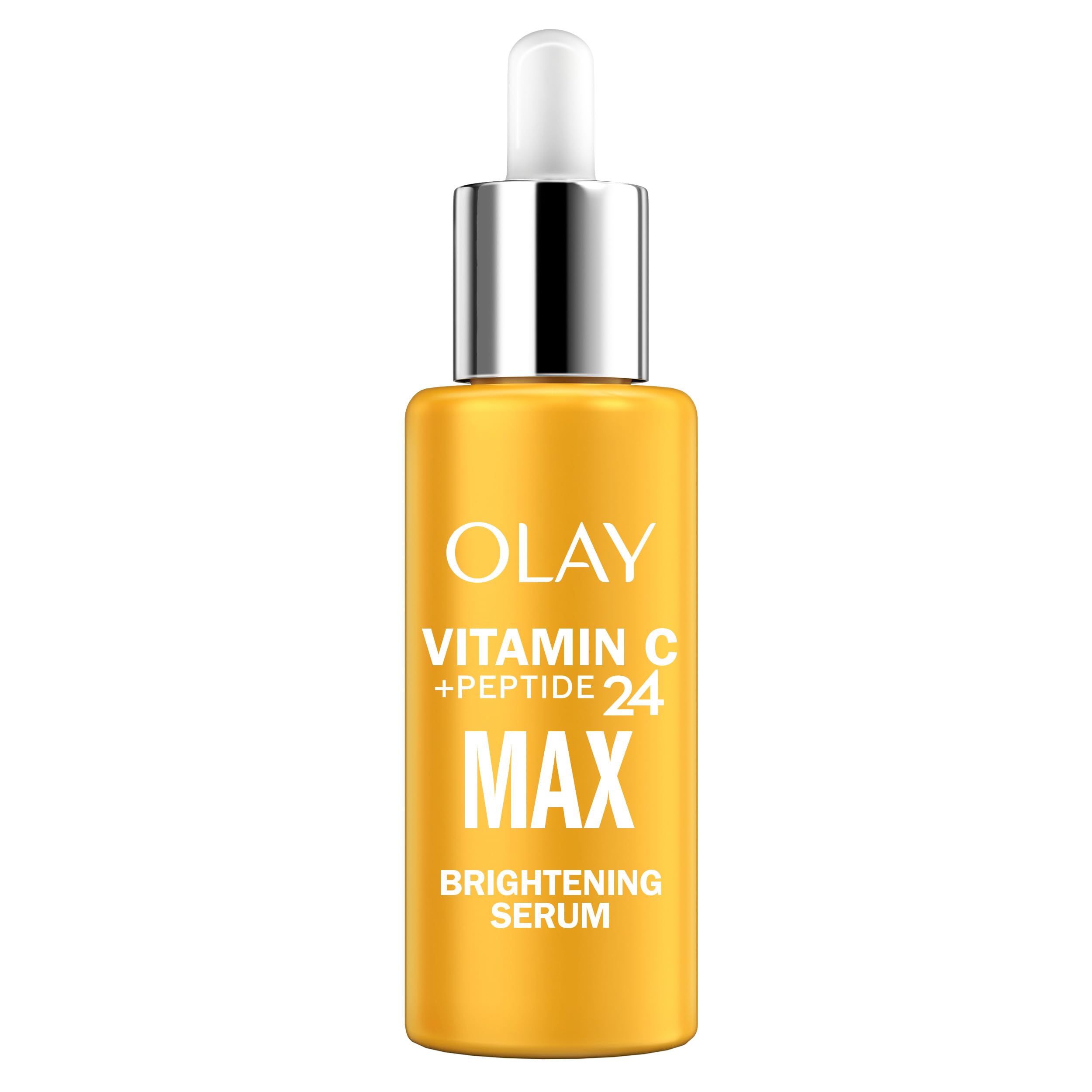 Olay Vitamin C Max Brightening Face Serum in a 1.3 fl oz bottle, featuring a clear dropper and bright orange packaging.