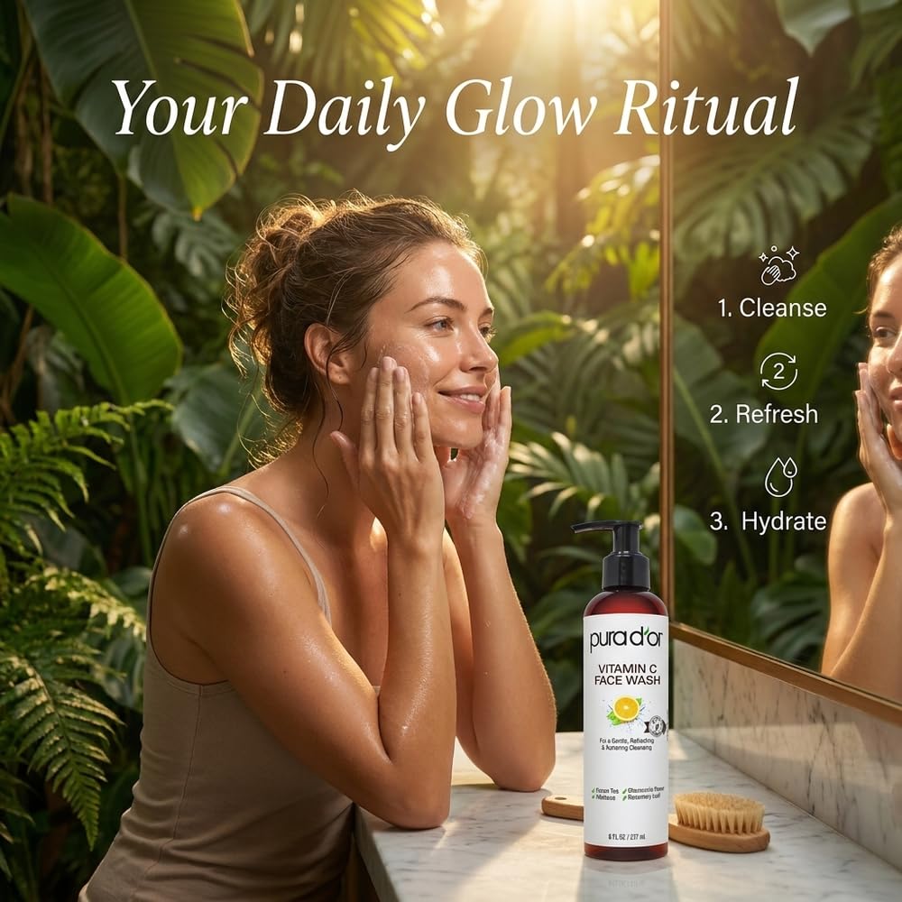 PURA D'OR Vitamin C Face Wash in a clear 8oz bottle, gentle daily facial cleanser for refreshed and clean skin.
