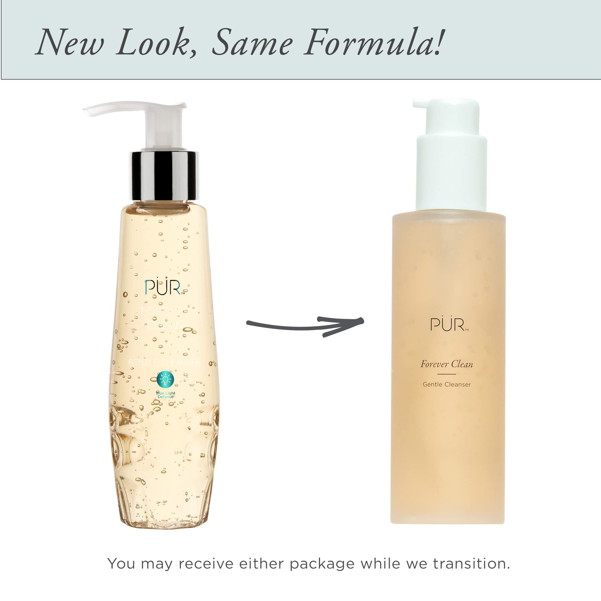 PÜR MINERALS Forever Clean Gentle Facial Cleanser with blue light defense, showing the light blue gel formula in a clear pump bottle.