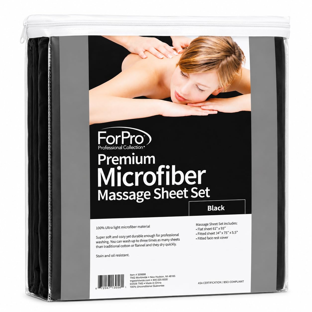 ForPro Professional Collection Premium Microfiber 3-Piece Massage Sheet Set, Black, Ultra-Light, Stain, and Wrinkle-Resistant Includes Massage Flat and Fitted Sheet and Massage Face Rest Cover