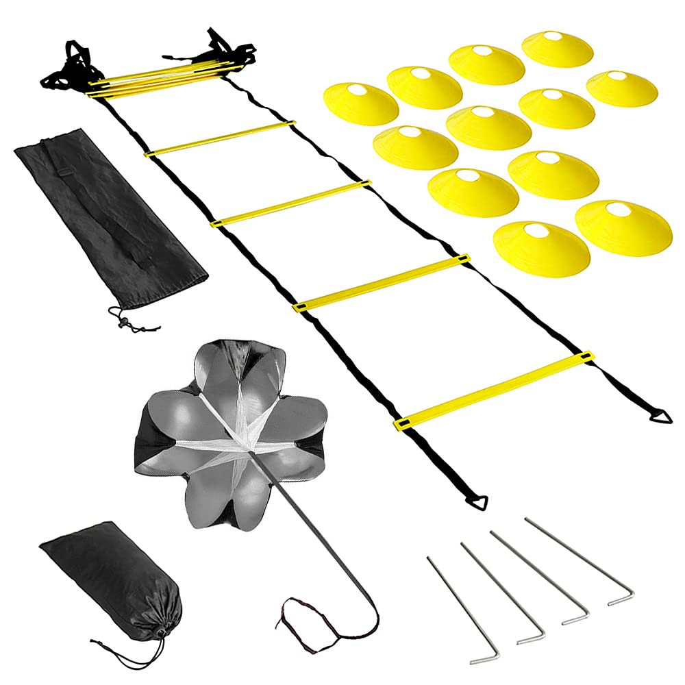 Ejoyous agilitys Ladder, Speed Training Equipment Set Includes 12 Rung 12 Soccer Cones 4 Steel Stakes resistants Parachu