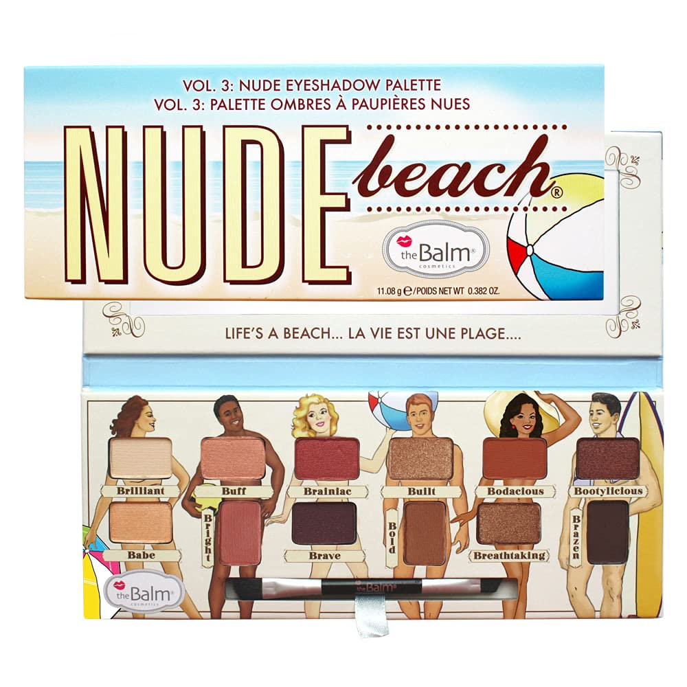theBalm Nude Beach eyeshadow palette with 12 colorful shades and long-lasting, triple-milled pigments for professional eye makeup.