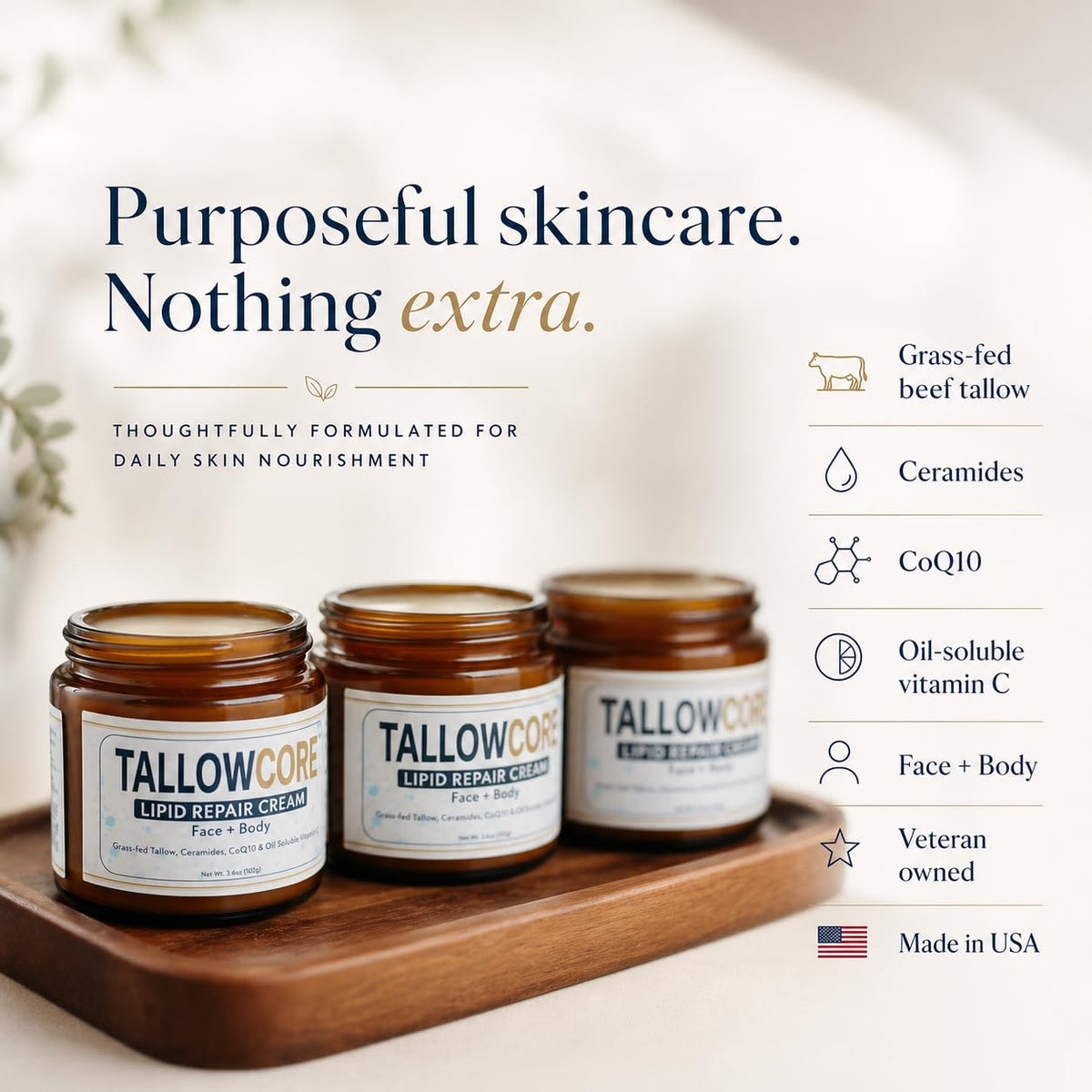 TALLOWCORE Lipid Repair Cream – Waterless Grass-Fed Tallow Moisturizer with Ceramide NP, CoQ10 & Oil-Soluble Vitamin C –