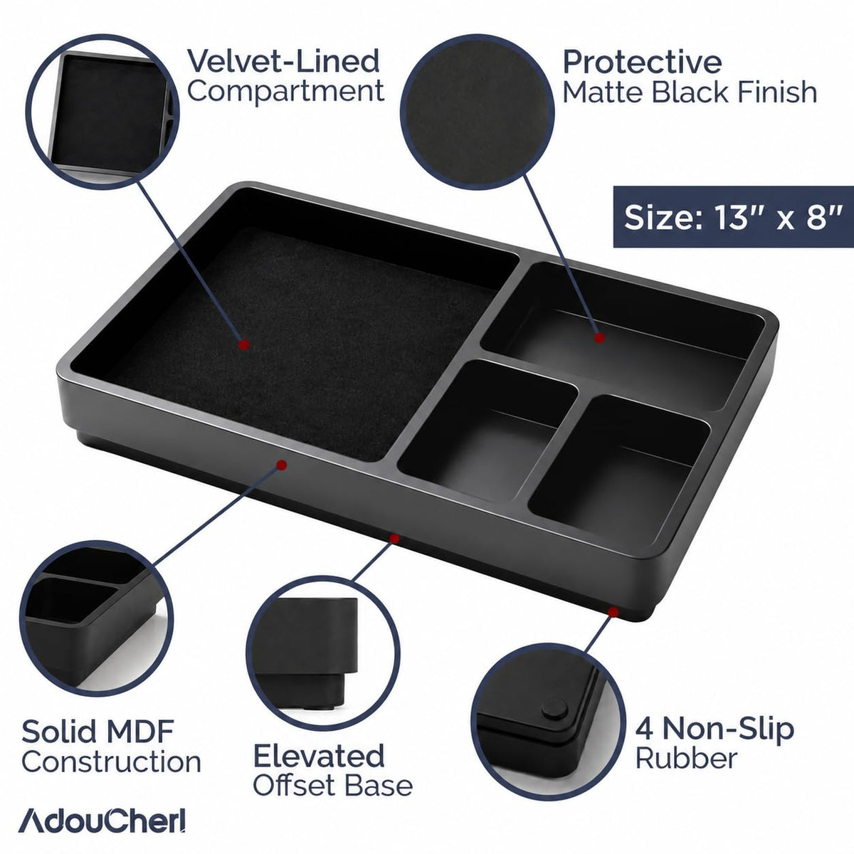 AdouCherI Dresser Trays Organizer for Bedroom — 13x8 Multi-Compartment Velvet-Lined Catchall Tray for Watch, Wallet, Key