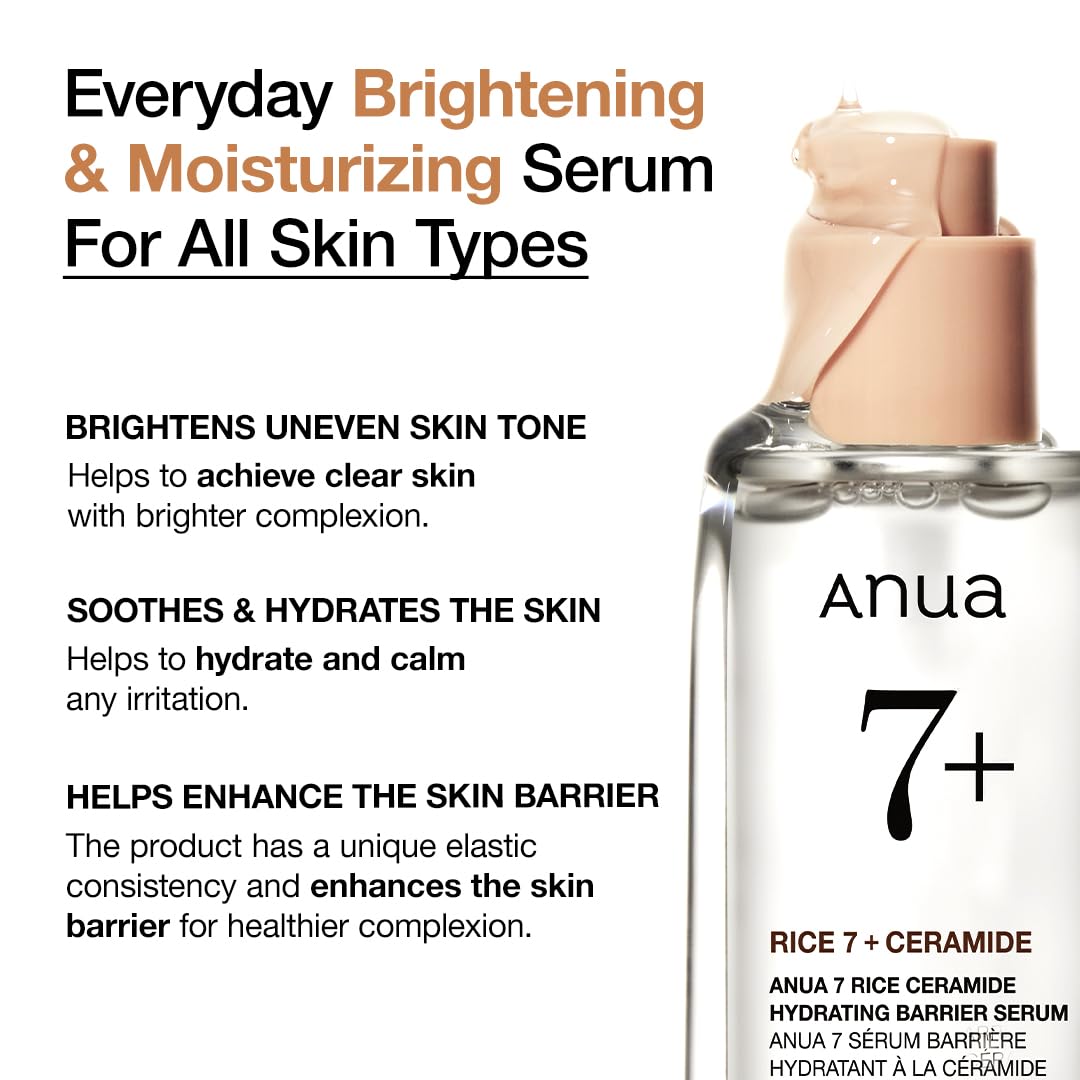 ANUA Rice Ceramide 7 Hydrating Barrier Serum in a 1.69 fl oz bottle, showcasing the skincare product for nourishing skin.