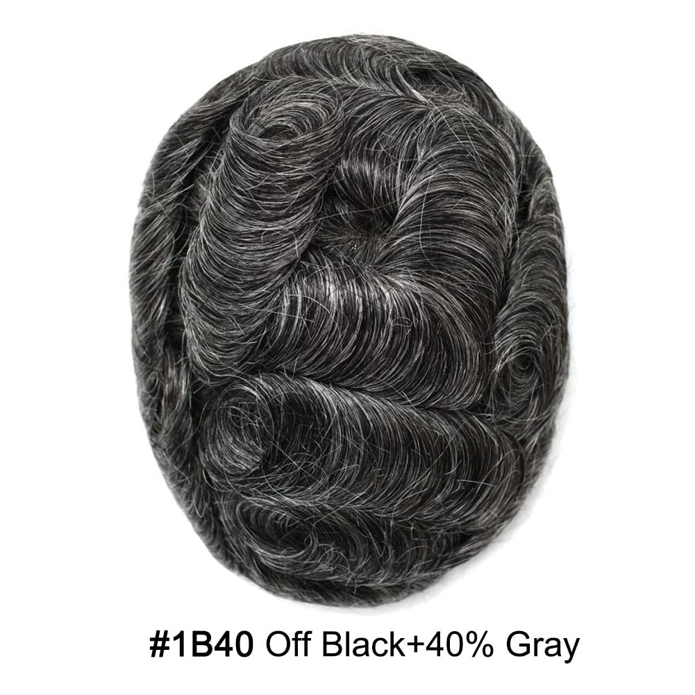 Curve Hair men's toupee wig with monofilament base, off black and gray, 8x10 inches, durable human hair hairpiece for men